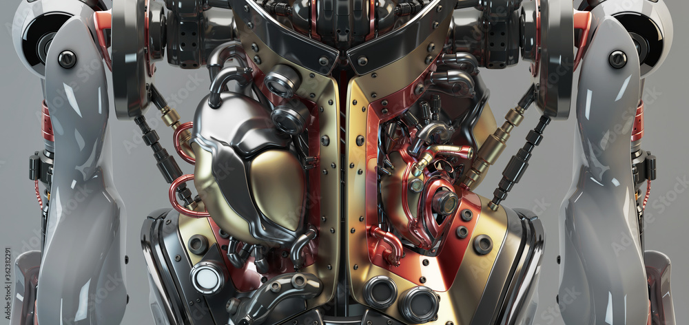 Poster artificial futuristic human organs. 3d rendering of robotic humanoid body with visible functional or