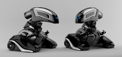 Two cute robot toy on tracks with digital screen, 3d rendering of radio controlled robotic gadget