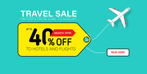Travel sale banner with yellow tag. Hot fares for domestic and International flights. Greatest deal on sale flights, book hotels online. Cheap travel offer.