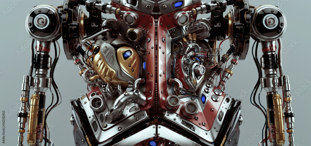Poster artificial futuristic human organs. 3d rendering of robotic humanoid body with visible functional or