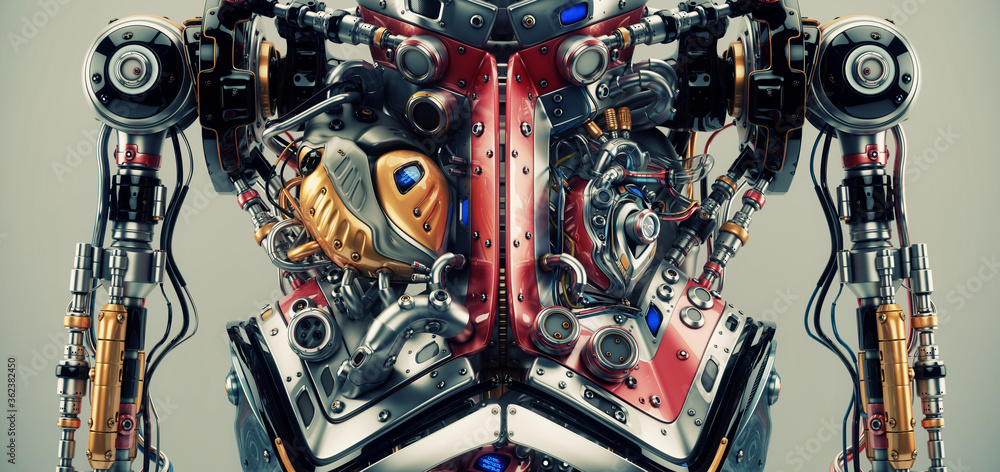 Poster artificial futuristic human organs. 3d rendering of robotic humanoid body with visible functional or