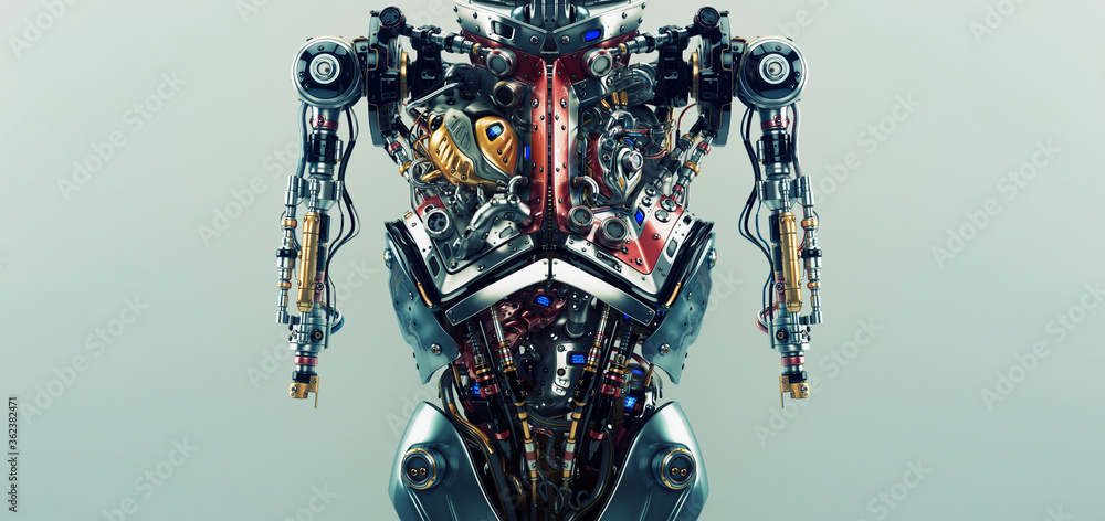 Poster artificial futuristic human organs. 3d rendering of robotic humanoid body with visible functional or