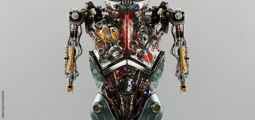 Poster artificial futuristic human organs. 3d rendering of robotic humanoid body with visible functional or