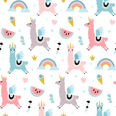 Cute unicorn llama (alpaca)seamless pattern. Vector illustration.