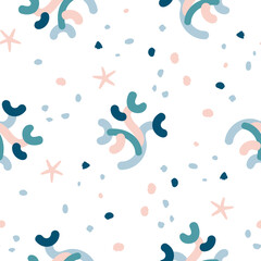 Seamless colorful hand drawn pattern with sea creatures. Abstract texture for fabric, textile, apparel. Vector illustration