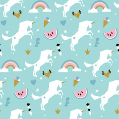 Seamless pattern with unicorns, clouds,stars, diamond, ice cream. Vector background illustration