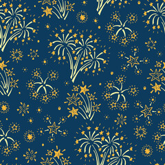Holiday Wallpaper. Festive party background. Hand Drawn doodle Fireworks and Stars Seamless Pattern - Vector illustration