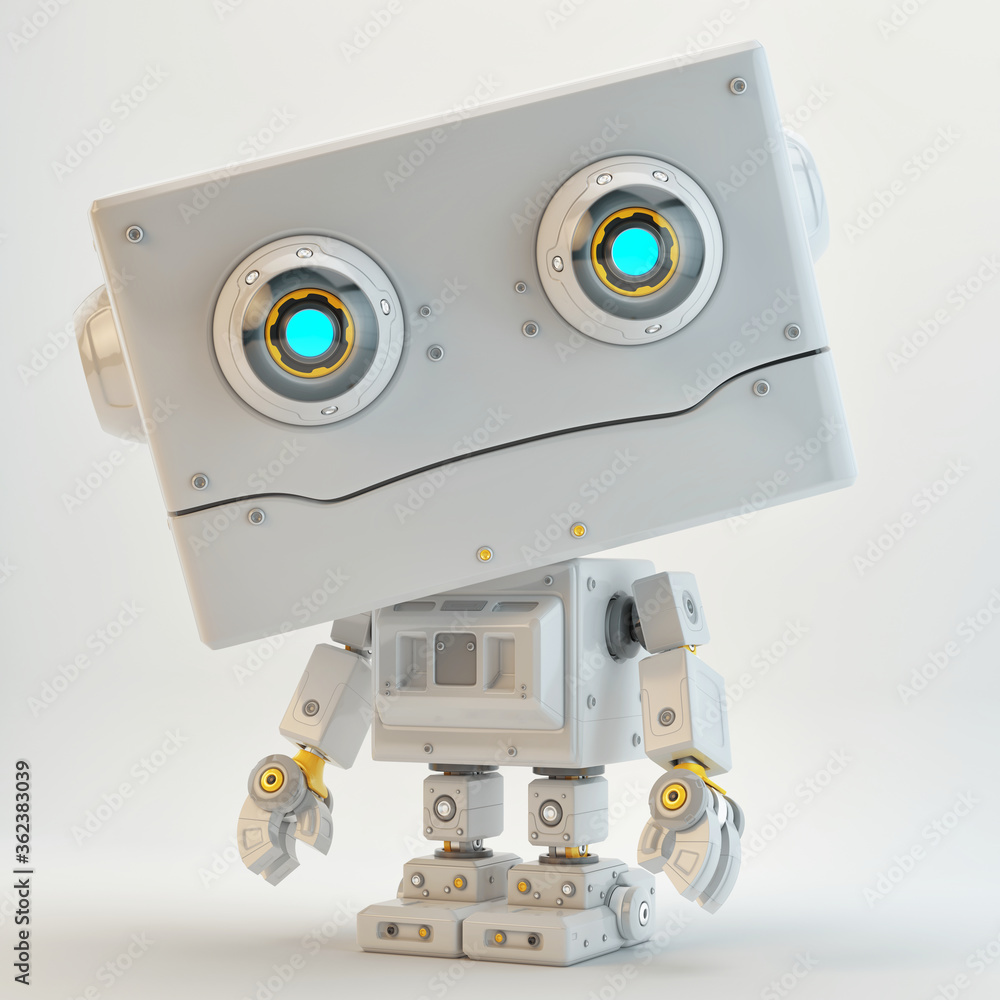 Poster retro styled robotic toy with big square head. cute white little robot toy 3d rendering