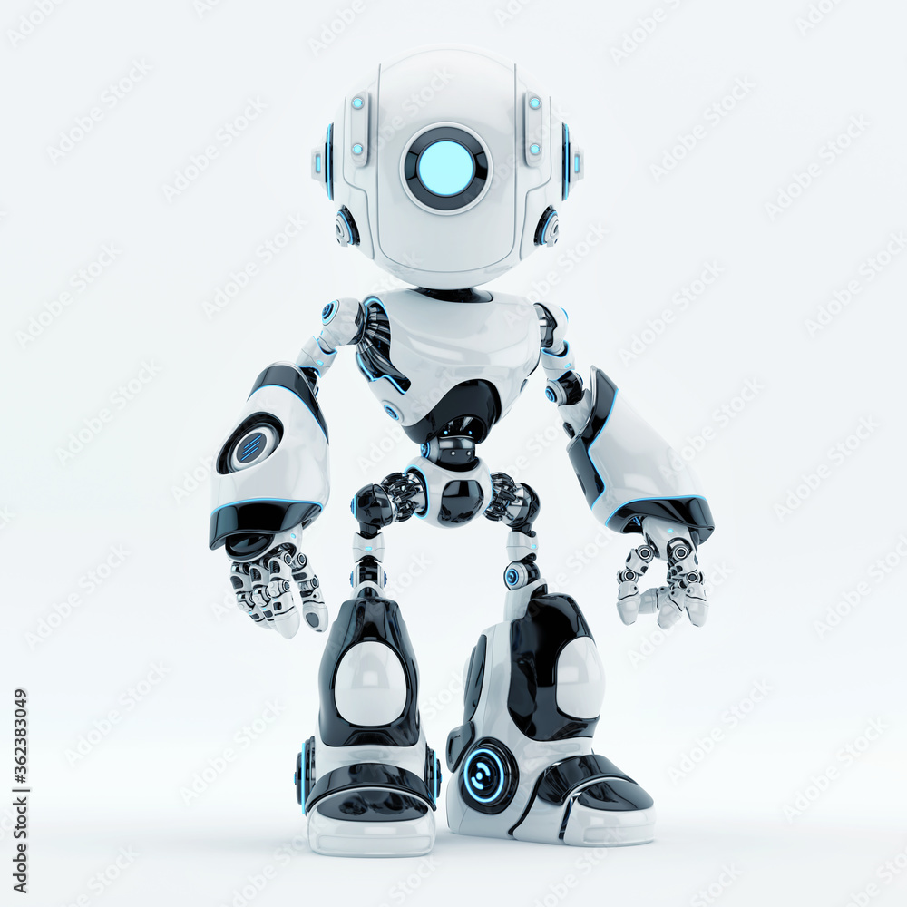 Poster unique robot with big circle illuminated eye camera, 3d rendering