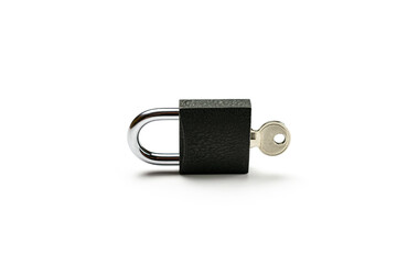 Padlock and key isolated on white background. Privacy security with metal lock pad.