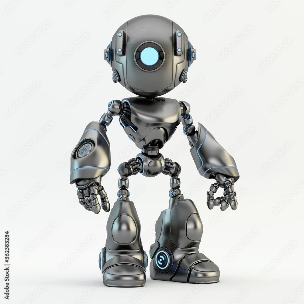Poster unique grey robot with big circle illuminated eye camera, 3d rendering