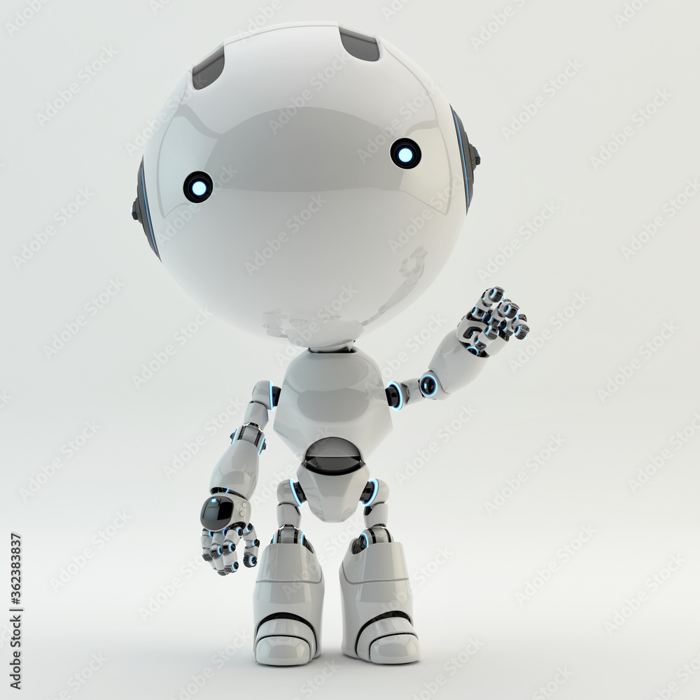 Aufkleber cute little robotic character with round glossy head and two little camera eyes greeting with one ar