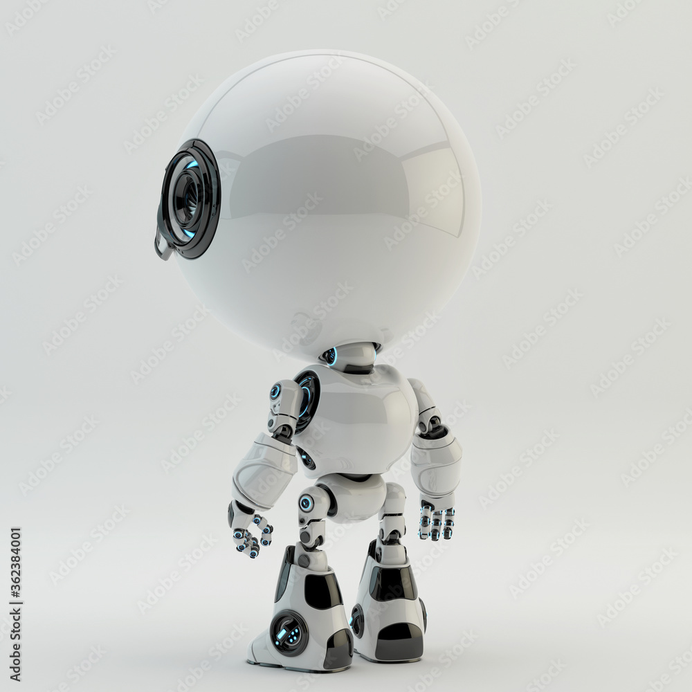Poster cute little robotic character with round glossy head and two little camera eyes, 3d rendering