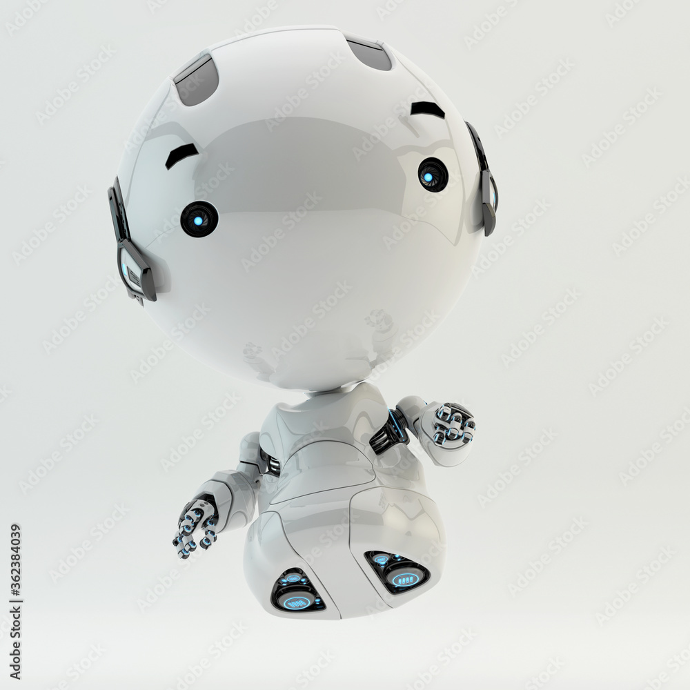 Poster cute little robotic character with round glossy head and two little camera eyes showing something, 3
