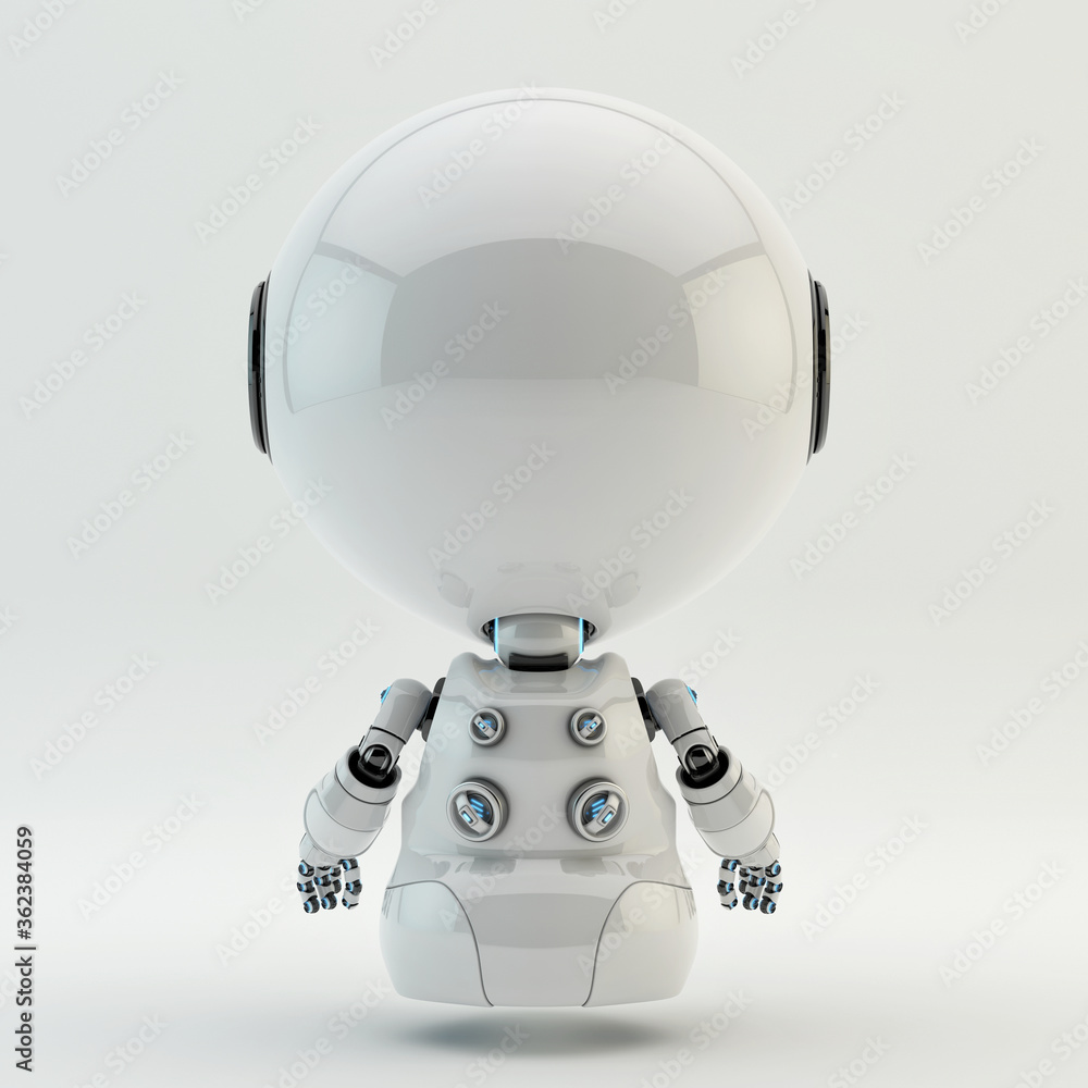 Poster cute little robotic character with round glossy head and two little camera eyes, 3d rendering of aer