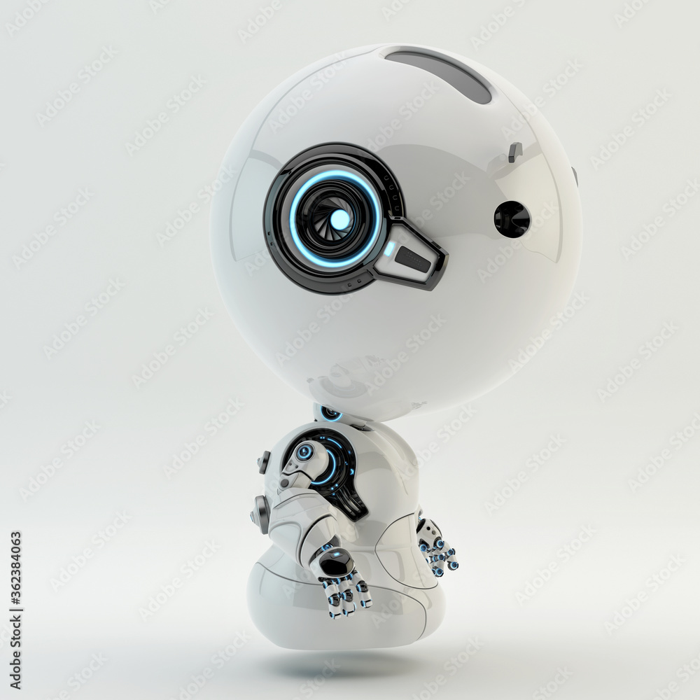 Poster cute little robotic character with round glossy head and two little camera eyes, 3d rendering of aer