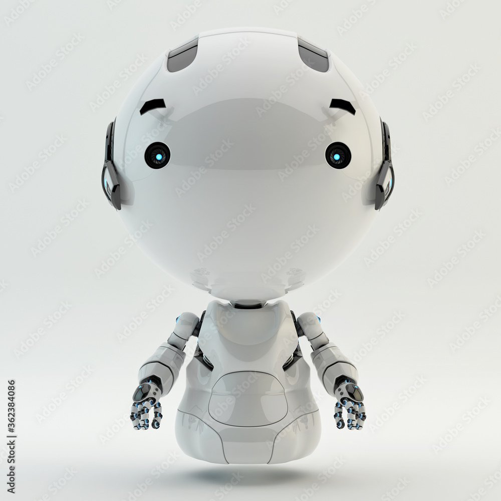 Poster cute little robotic character with round glossy head and two little camera eyes, 3d rendering of aer
