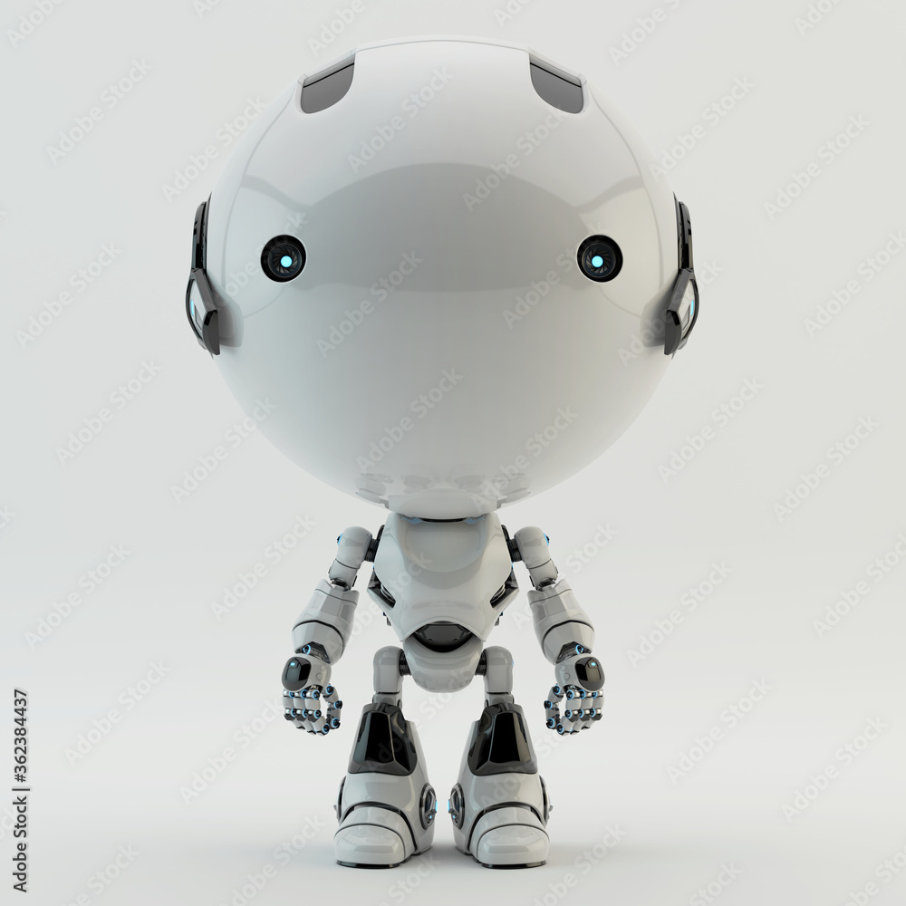 Poster cute little robotic character with round glossy head and two little camera eyes, 3d rendering