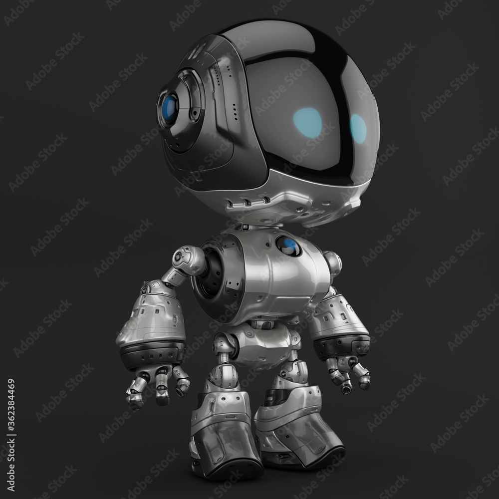 Poster stylish robotic character - silver colored charming fun bot, 3d rendering in profile