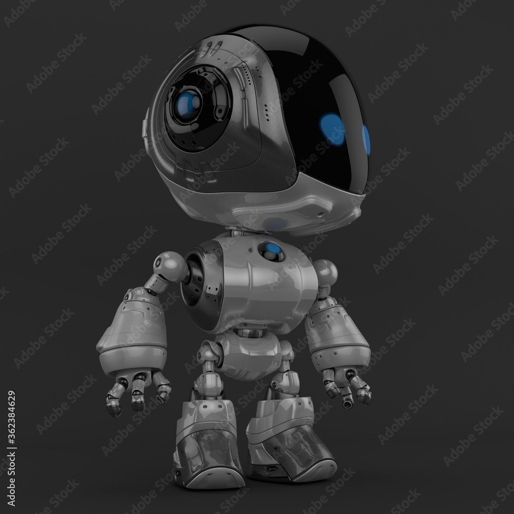 Poster stylish robotic character - silver colored charming fun bot, 3d rendering in profile