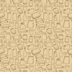 Product packaging Vector Seamless Pattern. Food and drink Packing. Hand Drawn doodle: cans and bottles, plastic boxes, cardboard and paper package blank objects