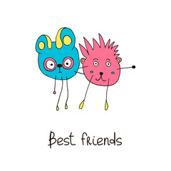 Vector illustration with funny animals and lettering “Best friends”