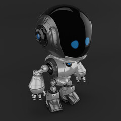 Stylish robotic character - silver colored charming fun bot, 3d rendering in profile upper view