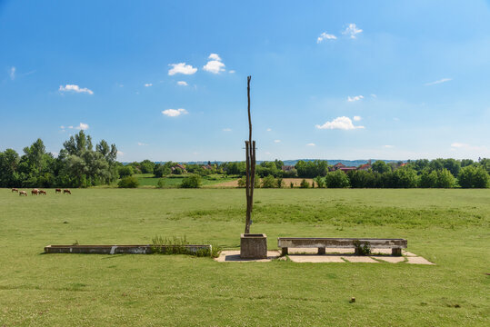 Old working sweep well and shadoof  with landscape.