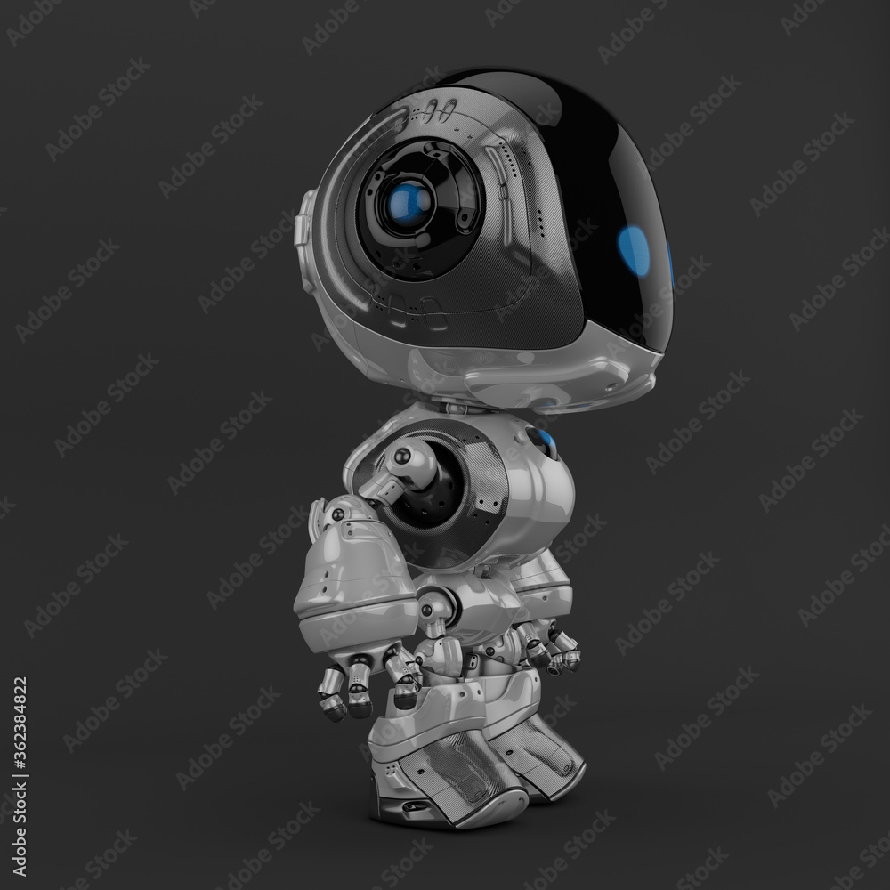 Poster stylish robotic character - silver colored charming fun bot, 3d rendering in profile