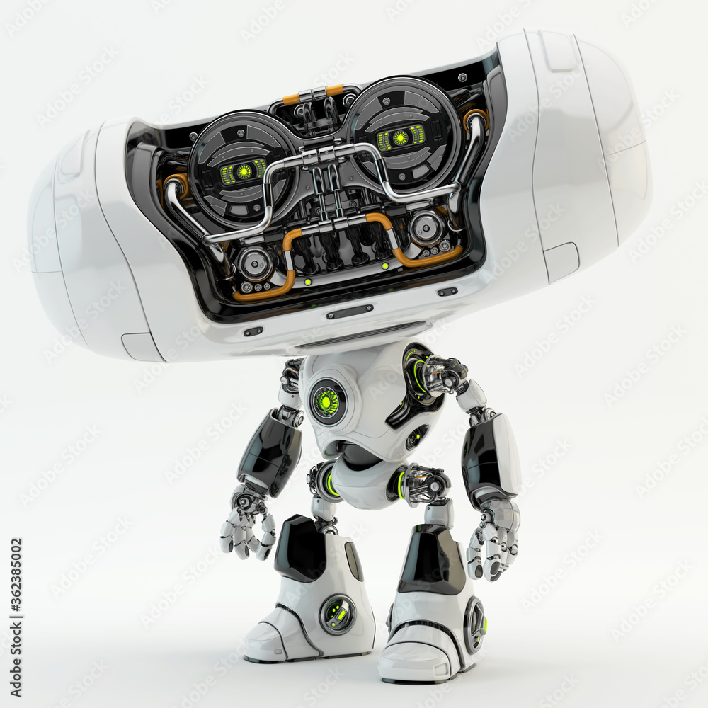 Poster robotic toy with big oval head full of wired connections, sensors and cameras. 3d rendering