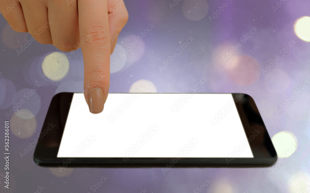 Poster modern gadgets with white display screen under colorful bokeh background