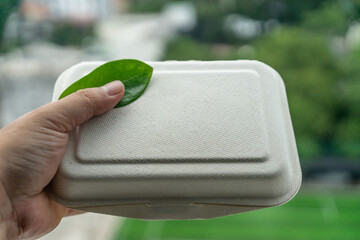natural plant fiber food box on blur background. Natural fiber eco food box.