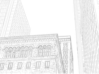 Hand drawn illustration. Architecture in a big city. Chicago-style turn of the century design with stone and arches, next to modern towers of steel and glass. Copy space in the sky. Black and white.