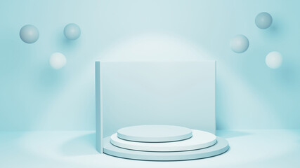 3D blue podium or mock up scene with abstract geometric shapes. 3D render.