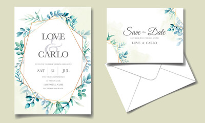 Fototapeta na wymiar Greenery wedding invitation template set with leaves watercolor