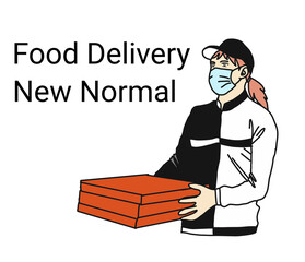 Delivery woman in black and white jacket is sending food three boxes. She is wearing mask. New job in new normal  