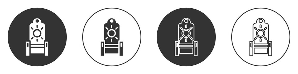 Black Medieval throne icon isolated on white background. Circle button. Vector.