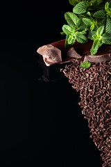 Pieces of dark bitter chocolate and chocolate chips with mint.