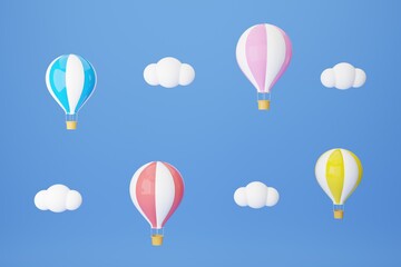 balloon flying on blue sky background. travel concept. 3d rendering illustration.