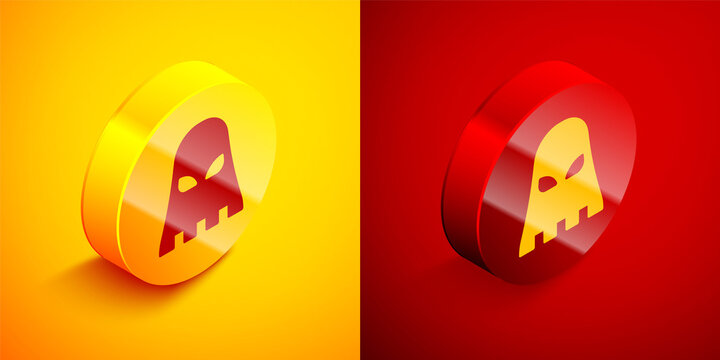 Isometric Executioner mask icon isolated on orange and red background. Hangman, torturer, executor, tormentor, butcher, headsman icon. Circle button. Vector.