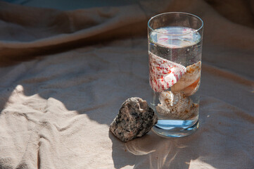 Sea shells inside a transparent glass with water on a sand-colored linen tablecloth. Nearby lies a gray granite stone. Copy space on the left.