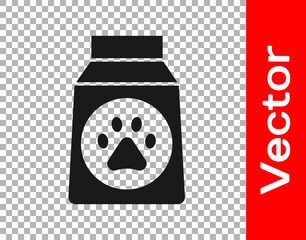 Black Bag of food for dog icon isolated on transparent background. Dog or cat paw print. Food for animals. Pet food package. Vector.