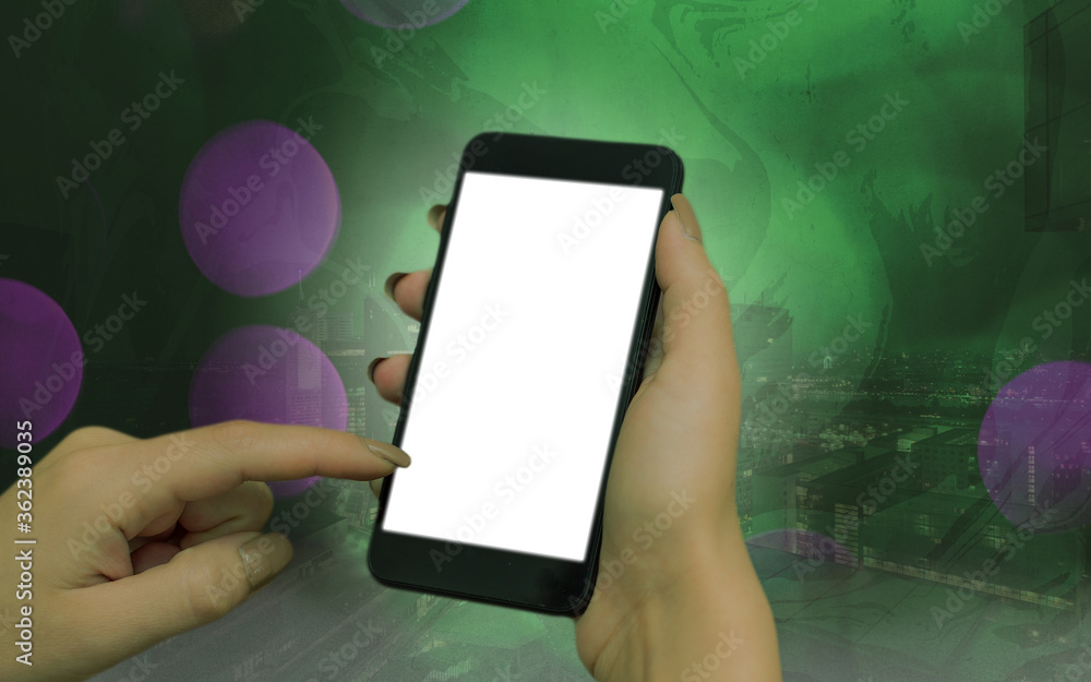 Poster modern gadgets with white display screen under colorful bokeh background
