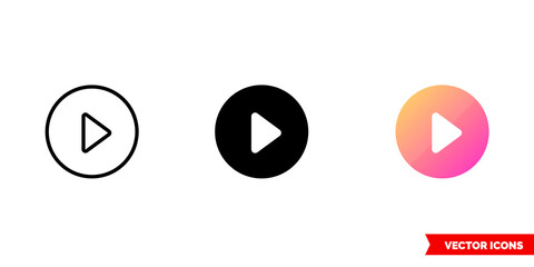 Play button icon of 3 types. Isolated vector sign symbol.