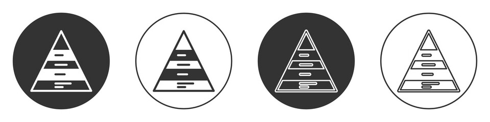 Black Business pyramid chart infographics icon isolated on white background. Pyramidal stages graph elements. Circle button. Vector.