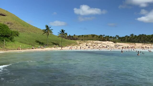 Plage d'Anakena &agrave; l'&icirc;le de P&acirc;ques