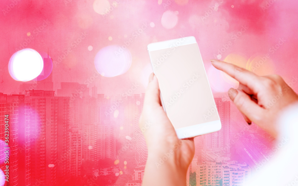 Poster modern gadgets with white display screen under colorful bokeh background