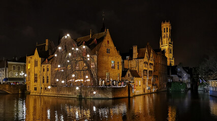 Belgium night scene on the Rozenhoedkaai canal, Bruges, Belgium