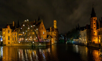Fototapeta na wymiar Belgium night scene on the Rozenhoedkaai canal, Bruges, Belgium