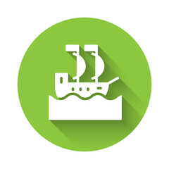 White Sailboat or sailing ship icon isolated with long shadow. Sail boat marine cruise travel. Green circle button. Vector.